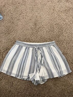 High-Waist Striped Tassel Tie Shorts - White & Blue